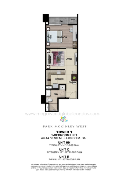 Megaworld Park Mckinley West, Fort Bonifacio Unit Layout - 1 bedroom unit with balcony